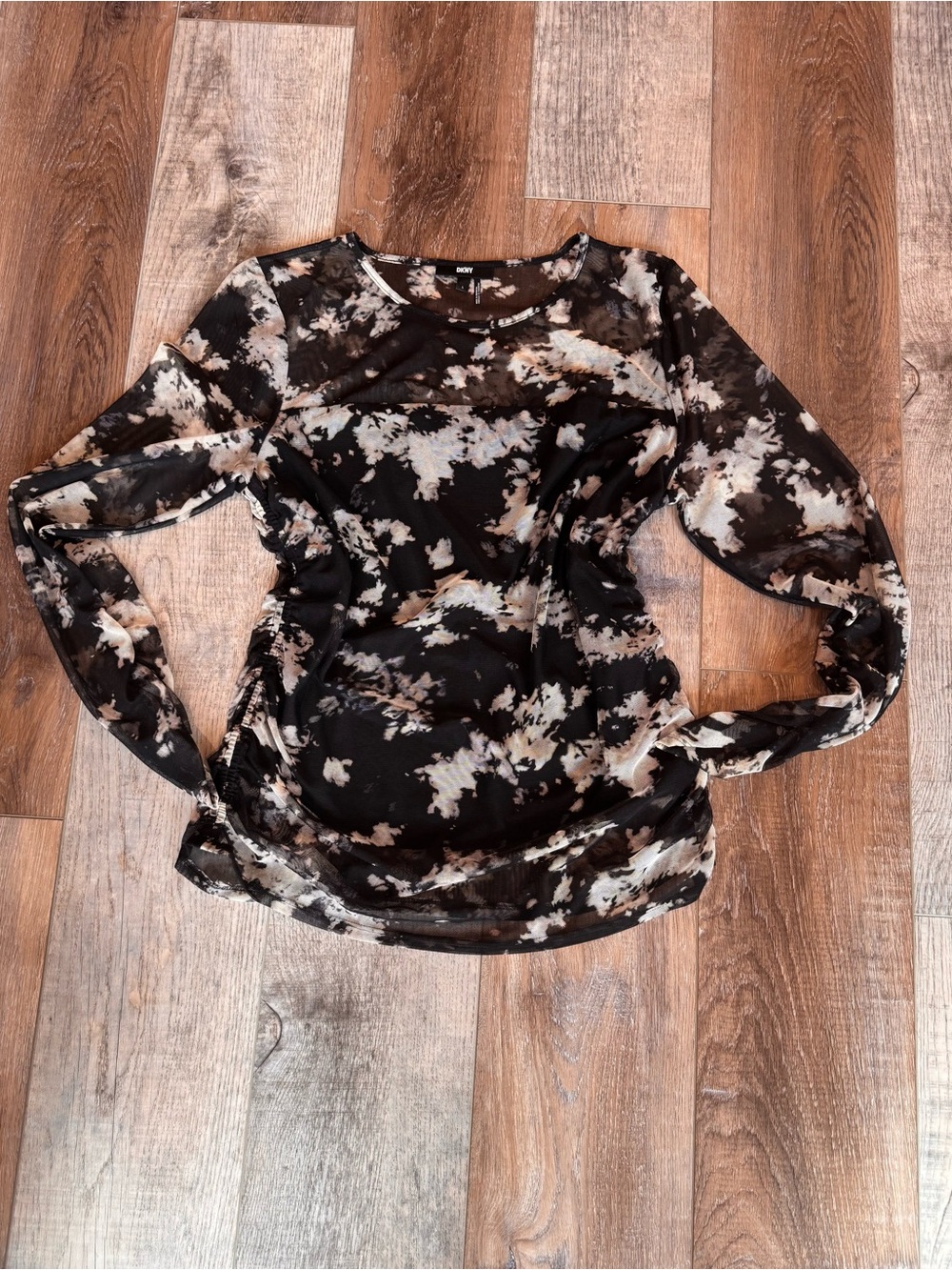 DKNY Sheer Abstract Print Long-Sleeve Top - Black and Cream